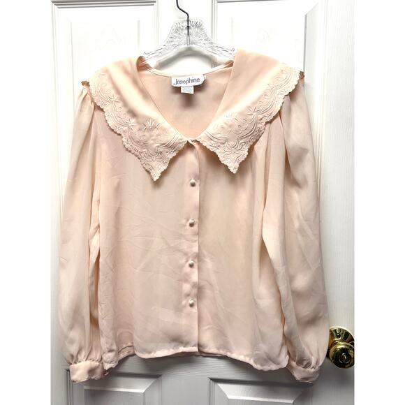 Vintage Josephine Blouse Size 8 Pale Peach Embroidered Sailor Collar Puff Sleeve - Picture 1 of 7